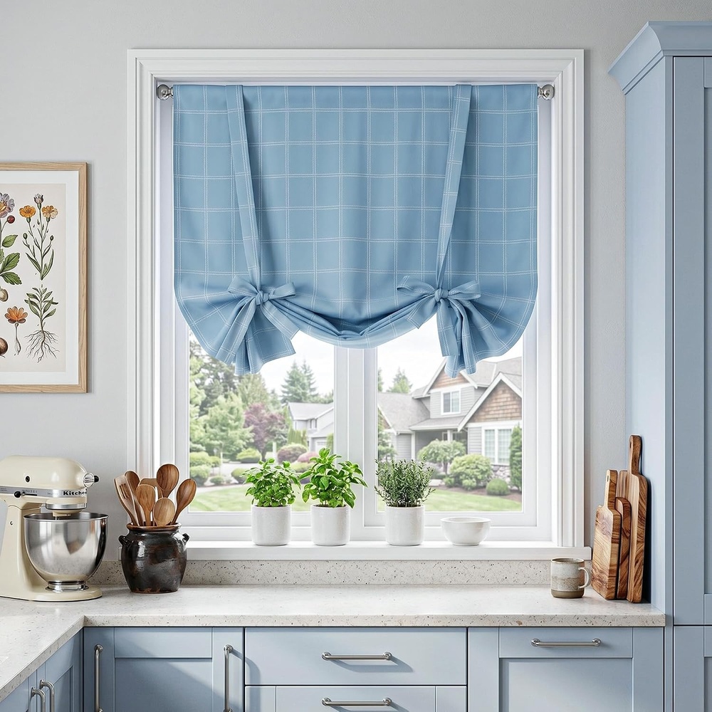 image:imageNICETOWN Taupe Fall Farmhouse Plaid 100 Blackout Ballon Shades 34W x 45LGrid Pattern Sea Blue White
