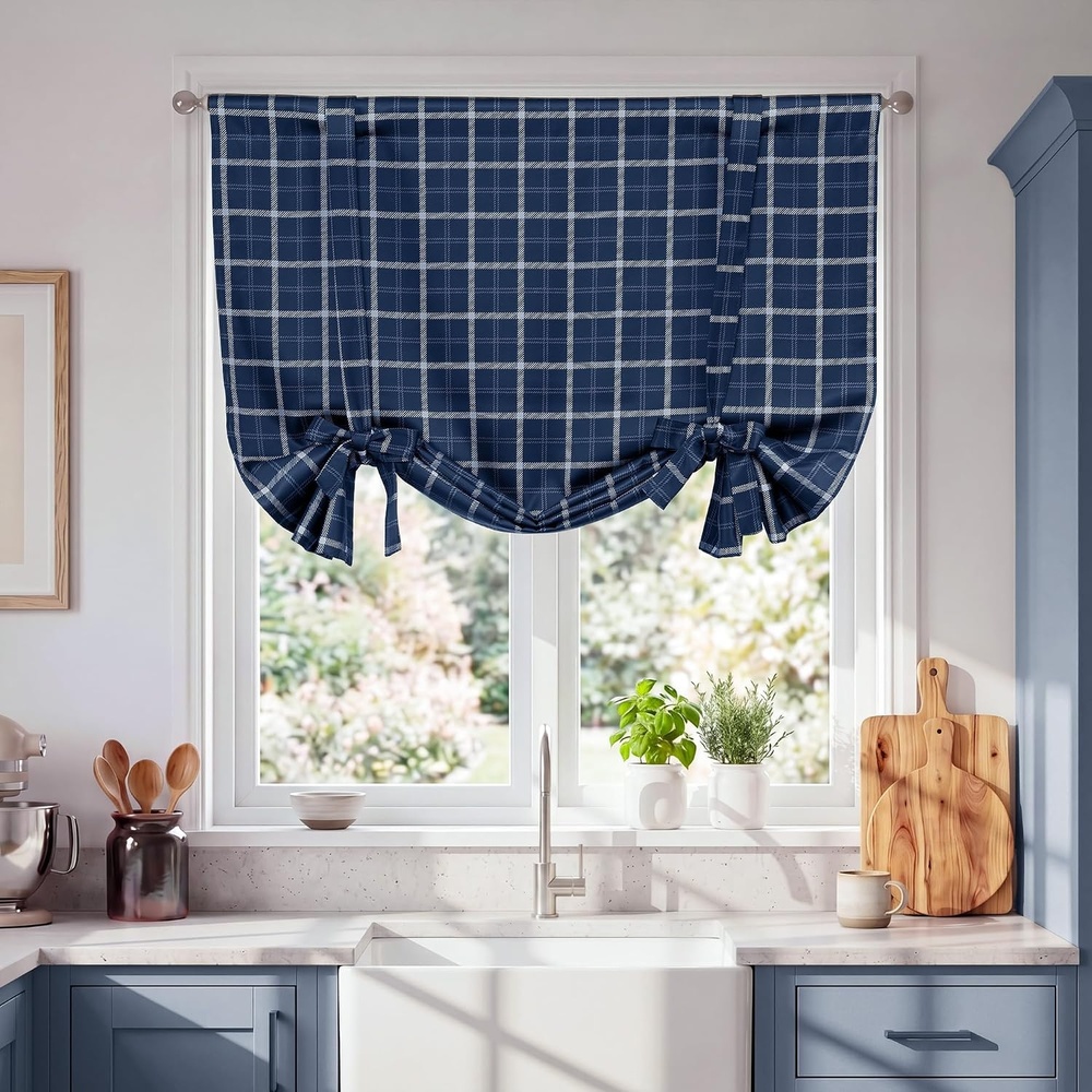 image:imageNICETOWN Taupe Fall Farmhouse Plaid 100 Blackout Ballon Shades 34W x 45LPlaid  Dark Blue  White