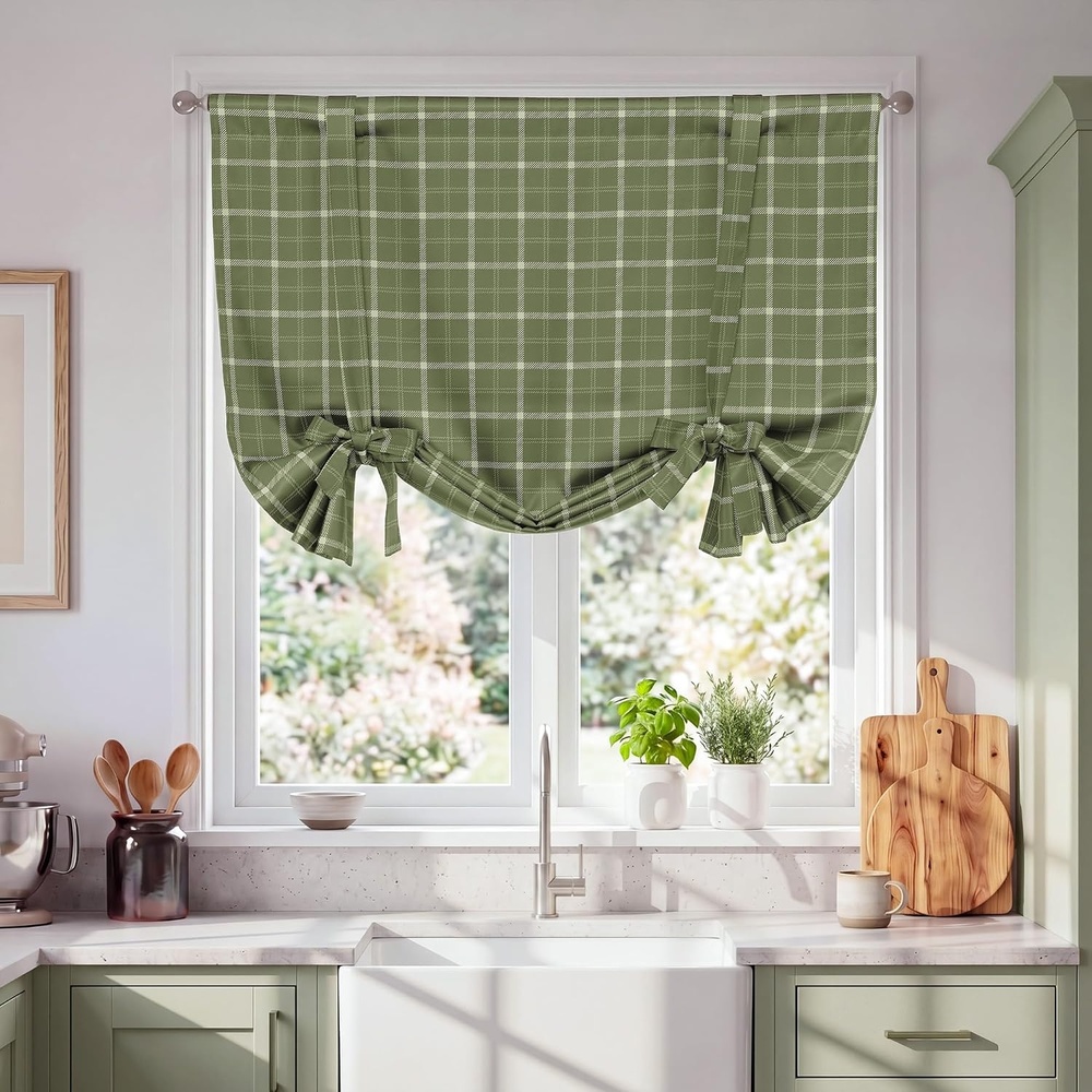 image:imageNICETOWN Taupe Fall Farmhouse Plaid 100 Blackout Ballon Shades 34W x 45LPlaid  Olive Green  White