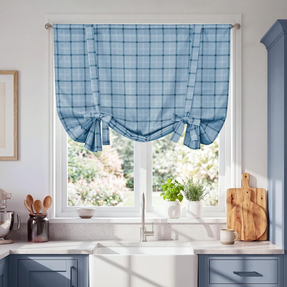 image:imageNICETOWN Taupe Fall Farmhouse Plaid 100 Blackout Ballon Shades 34W x 45LPlaid Sea Blue White