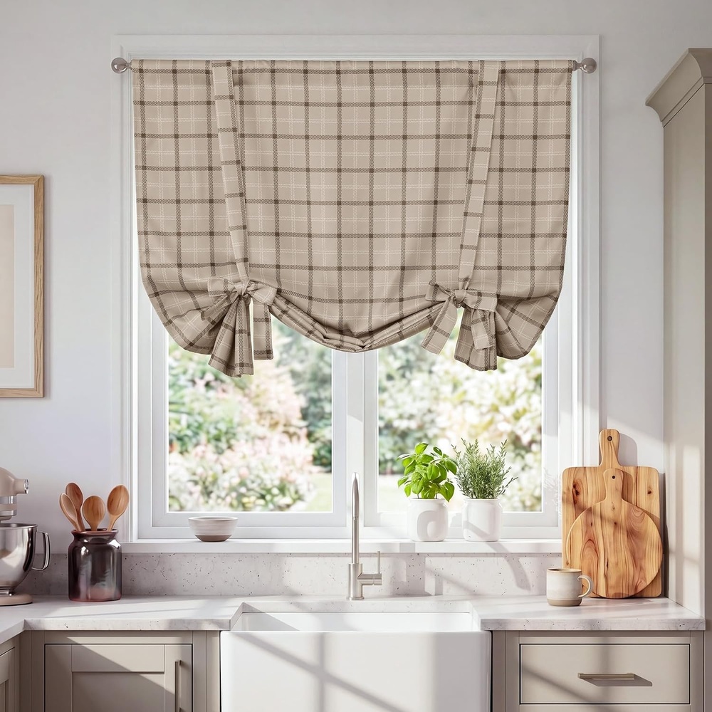 image:imageNICETOWN Taupe Fall Farmhouse Plaid 100 Blackout Ballon Shades 34W x 45LPlaid Taupe White