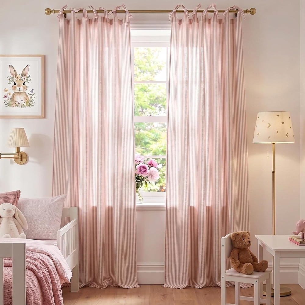 image:imageNICETOWN Tie Top Gingham Light Pink Curtains 84 Inches LongLight Filtering Stripe Muted Pink