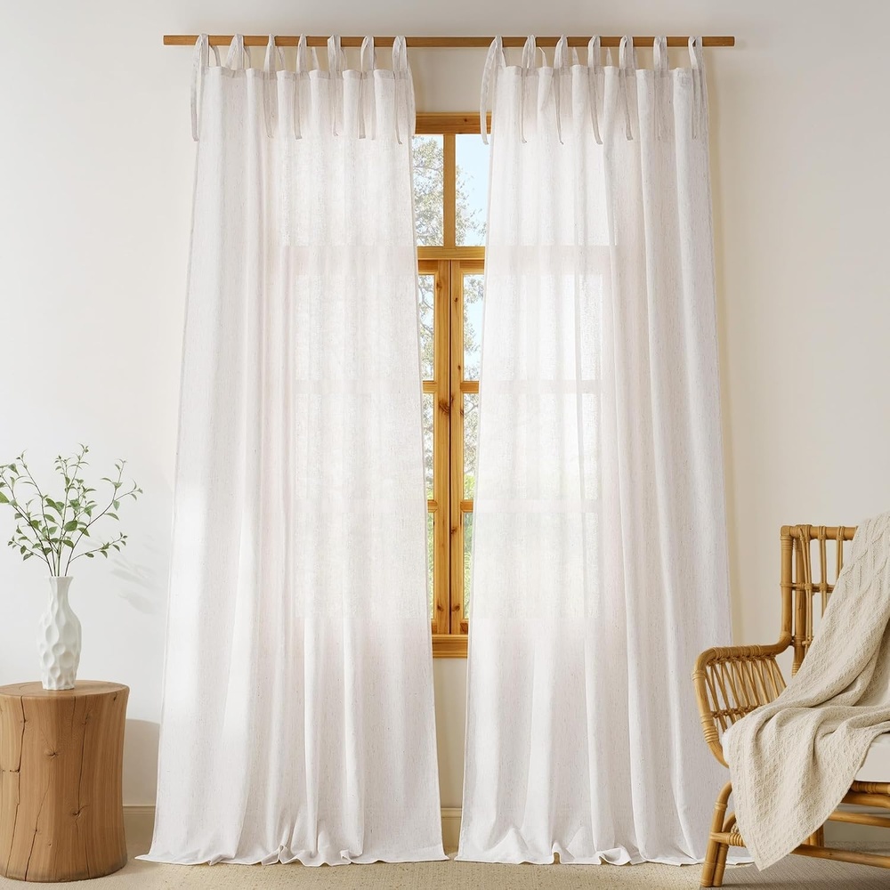 image:imageNICETOWN Tie Top Pink Linen Curtains for Girls Room W52xL84 2 PanelsCream