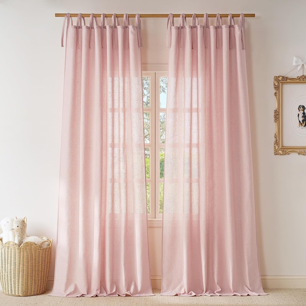 image:imageNICETOWN Tie Top Pink Linen Curtains for Girls Room W52xL84 2 PanelsPink