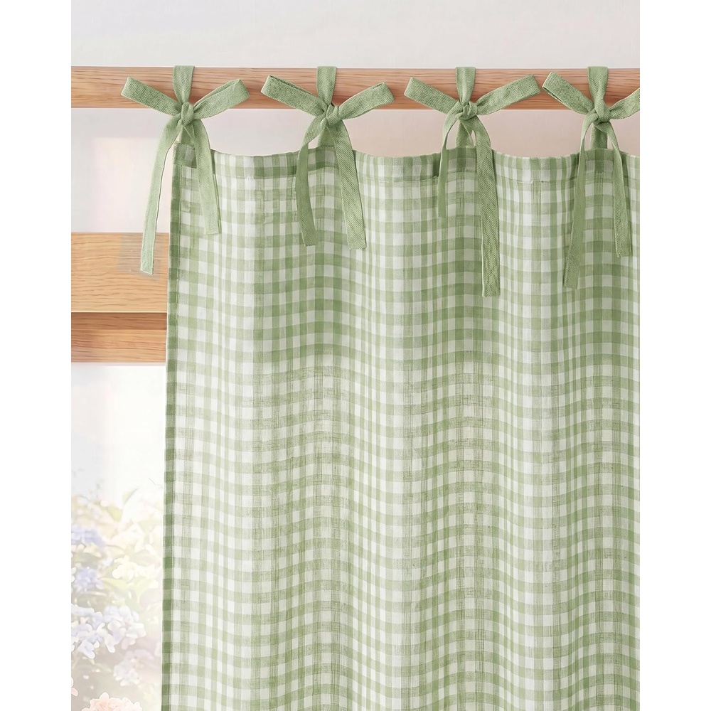 image:imageNICETOWN Tie Top Pink Linen Curtains for Girls Room W52xL84 2 PanelsSage Green