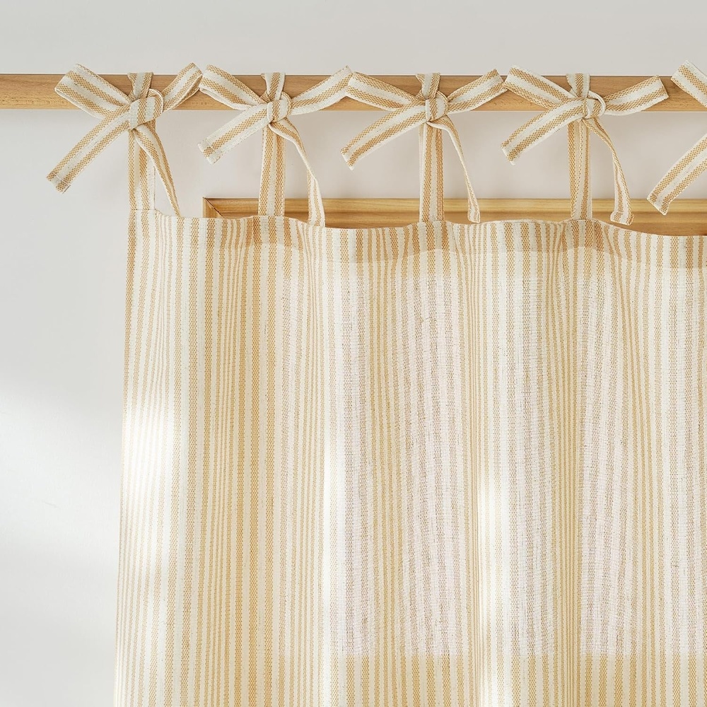 image:imageNICETOWN Tie Top Pink Linen Curtains for Girls Room W52xL84 2 PanelsStriped Cream Yellow