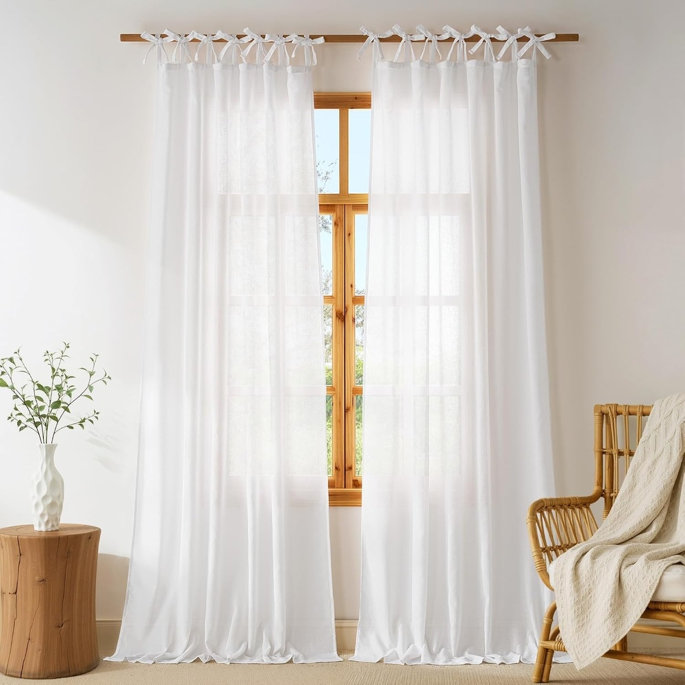 image:imageNICETOWN Tie Top Pink Linen Curtains for Girls Room W52xL84 2 PanelsWhite