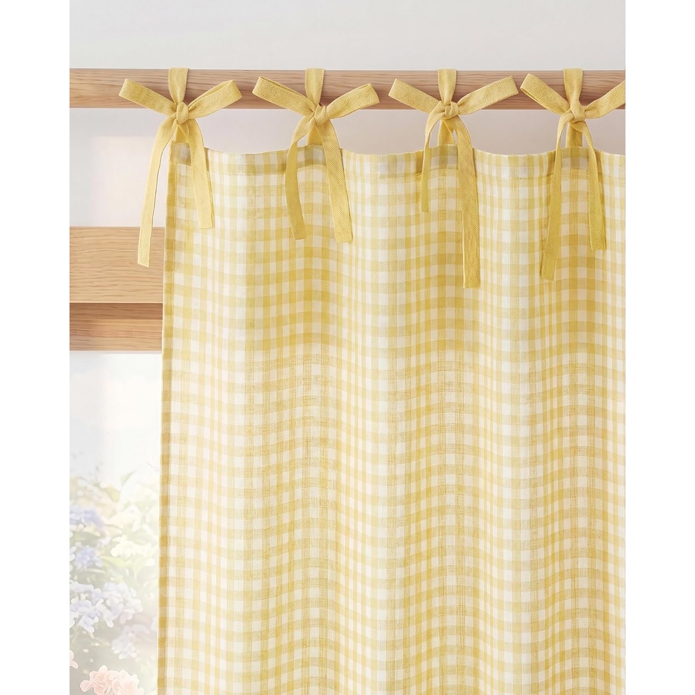 image:imageNICETOWN Tie Top Pink Linen Curtains for Girls Room W52xL84 2 PanelsYellow