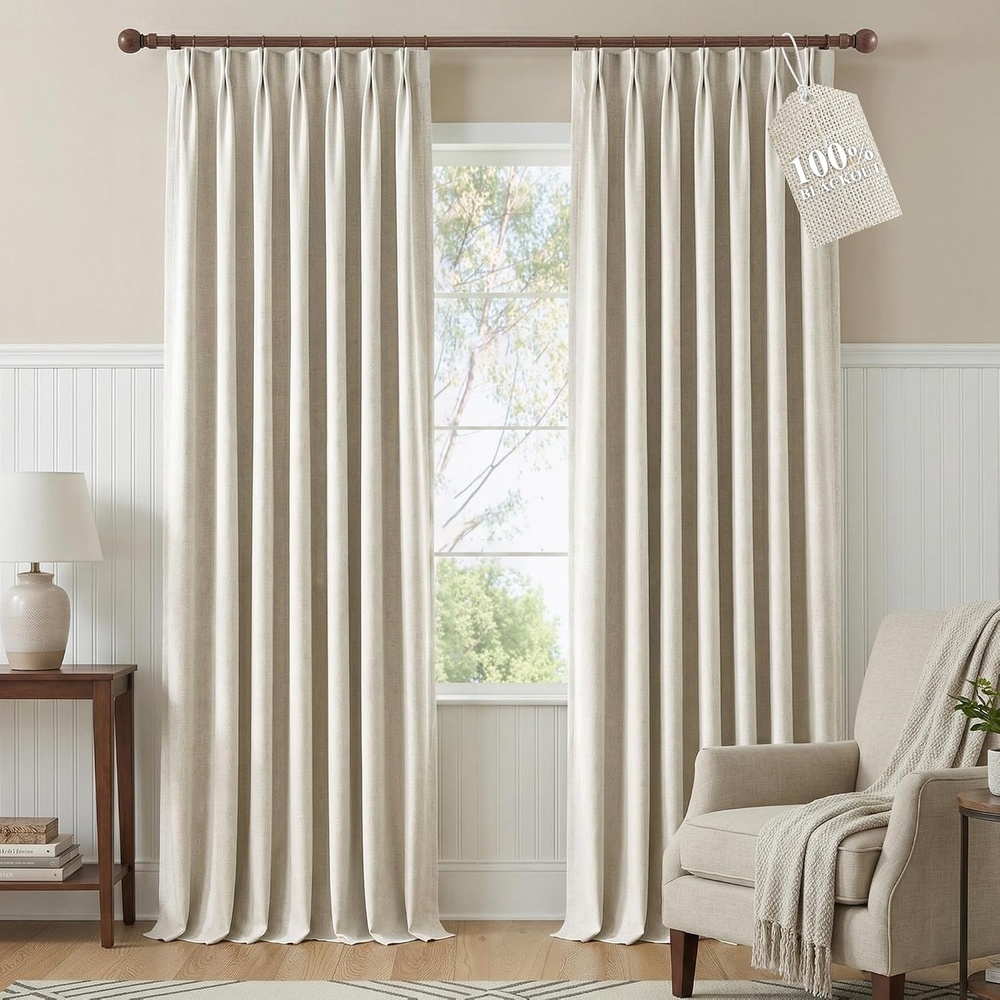 image:imageNICETOWN Vintage Olive Dark Green Pinch Pleated Linen Curtains 90 inch LongBeige