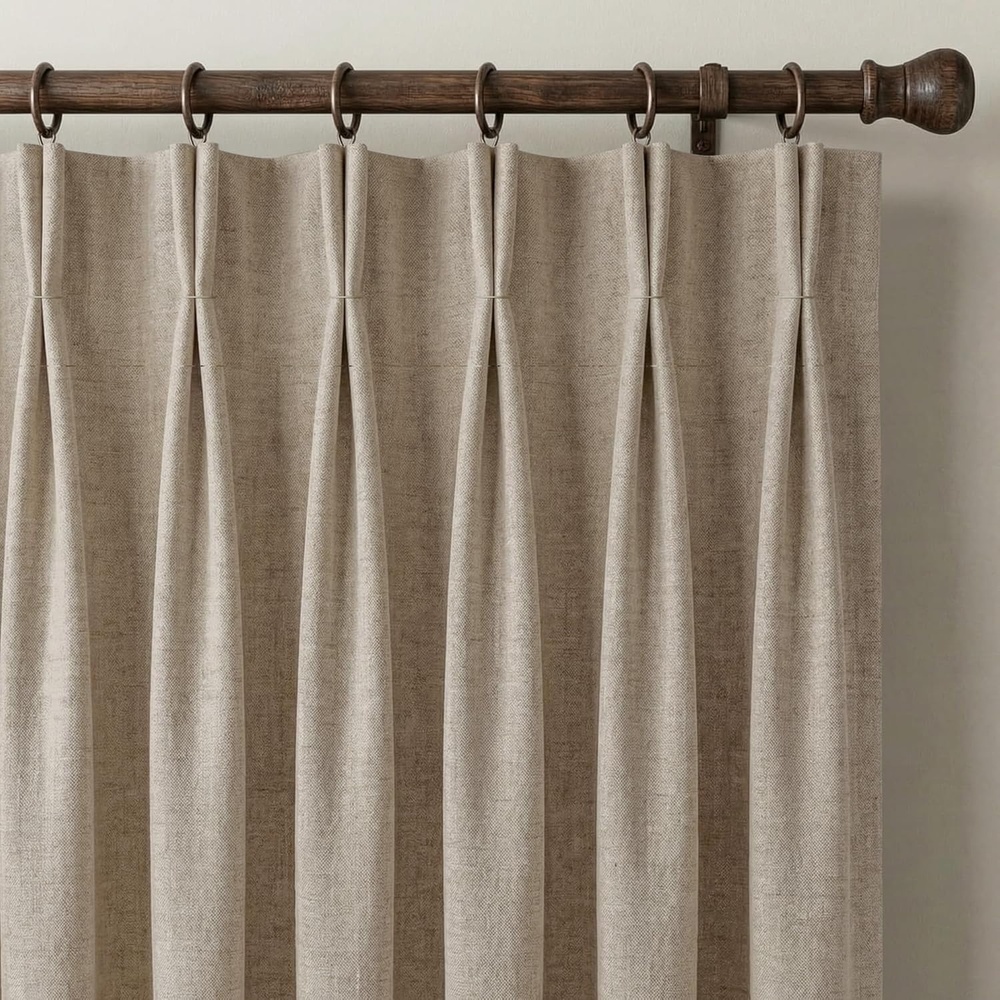 image:imageNICETOWN Vintage Olive Dark Green Pinch Pleated Linen Curtains 90 inch LongOatmeal