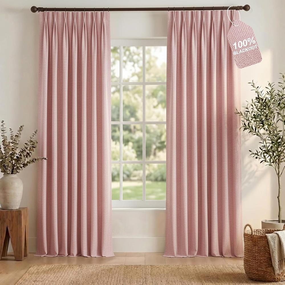 image:imageNICETOWN Vintage Olive Dark Green Pinch Pleated Linen Curtains 90 inch LongPink