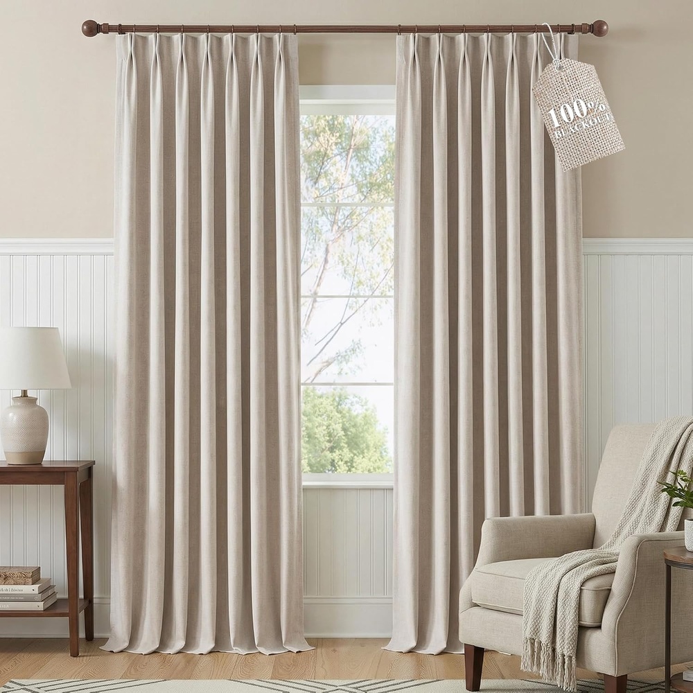 image:imageNICETOWN Vintage Olive Dark Green Pinch Pleated Linen Curtains 90 inch LongTaupe