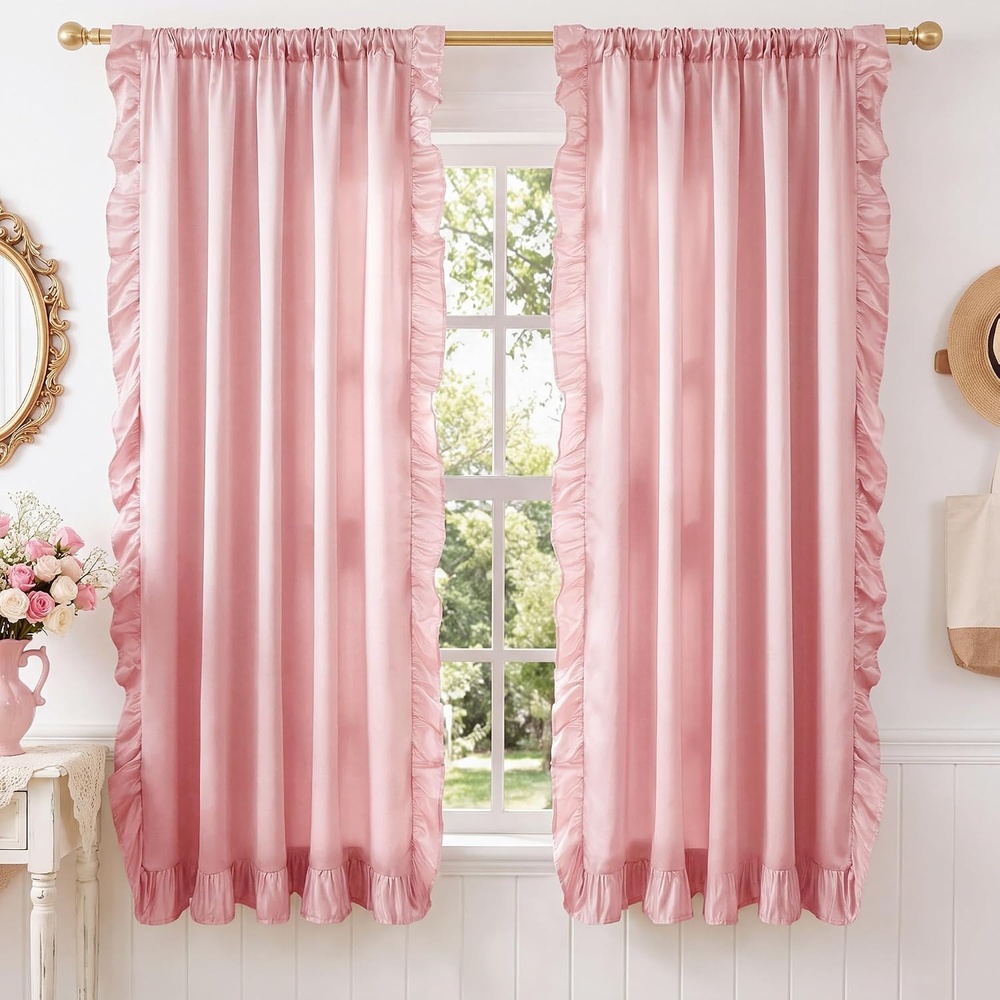 image:imageNICETOWN White Ruffle Shabby Chic Curtains 84 inch Long Rod Pocket Privacy with Some Soft Light Filtering French Country Flowy Drapes for Living RoomFarmhouseBedroom 2 Panels104 WidePink