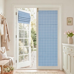 NICETOWN 100% Blackout Taupe Plaid Magnetic Roman Shade, W24 x L64, 1 Panel(Grid Pattern | Sea Blue & White)