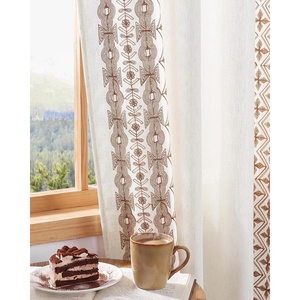 NICETOWN Boho Curtains with Navy Blue Trim 84″ Long 2 Panels(Cream With Taupe Embroidery)