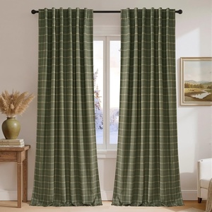 NICETOWN Buffalo Plaid Full Blackout Linen Curtain Panels 84 Inches(Grid Pattern | Moss Green)
