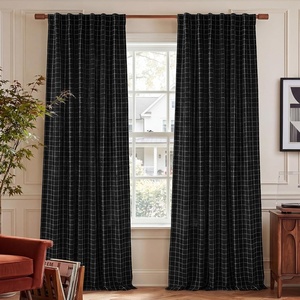 NICETOWN Olive Green Linen Plaid Bedroom Curtains, Rod Pocket & Back Tab Geometric Jacquard Thick Wovern Mudcloth Light Filtering Window Treatments for Home Decor, W52 x L84, 2 Panels(Black)
