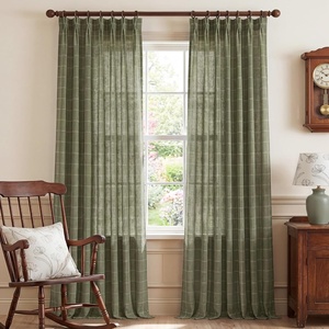 NICETOWN Pinch Pleated Blue Plaid Curtains 2 Panels, W40 x L84 in, Linen Blend Light Filtering Privacy Draperies with Grid Tartan Pattern, Premium Curtains for Living Room, Dining Room with Hooks(Moss Green)