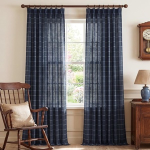 NICETOWN Pinch Pleated Blue Plaid Curtains 2 Panels, W40 x L84 in, Linen Blend Light Filtering Privacy Draperies with Grid Tartan Pattern, Premium Curtains for Living Room, Dining Room with Hooks(Dark Blue)