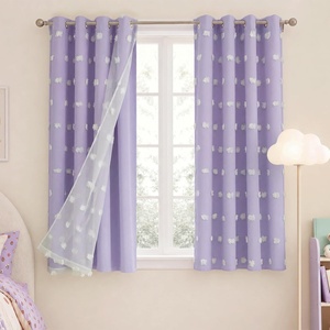 NICETOWN Pom Pom Pink Curtains for Kids Room 84 inches Long, Room Darkening Double Layer Sheer Thermal Drapes Grommet Window Treatments for Girls Bedroom/Nursery, W52 x L84, 2 Panels(Lavender Purple)