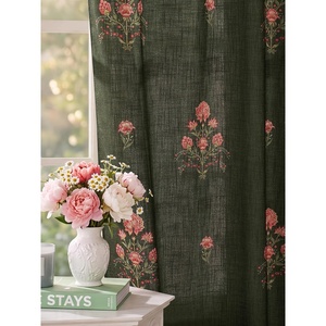 NICETOWN Vintage Floral Curtain & Drapes 84 Inches Long, W52 x L84, Khaki(Block Print – Forest Green)