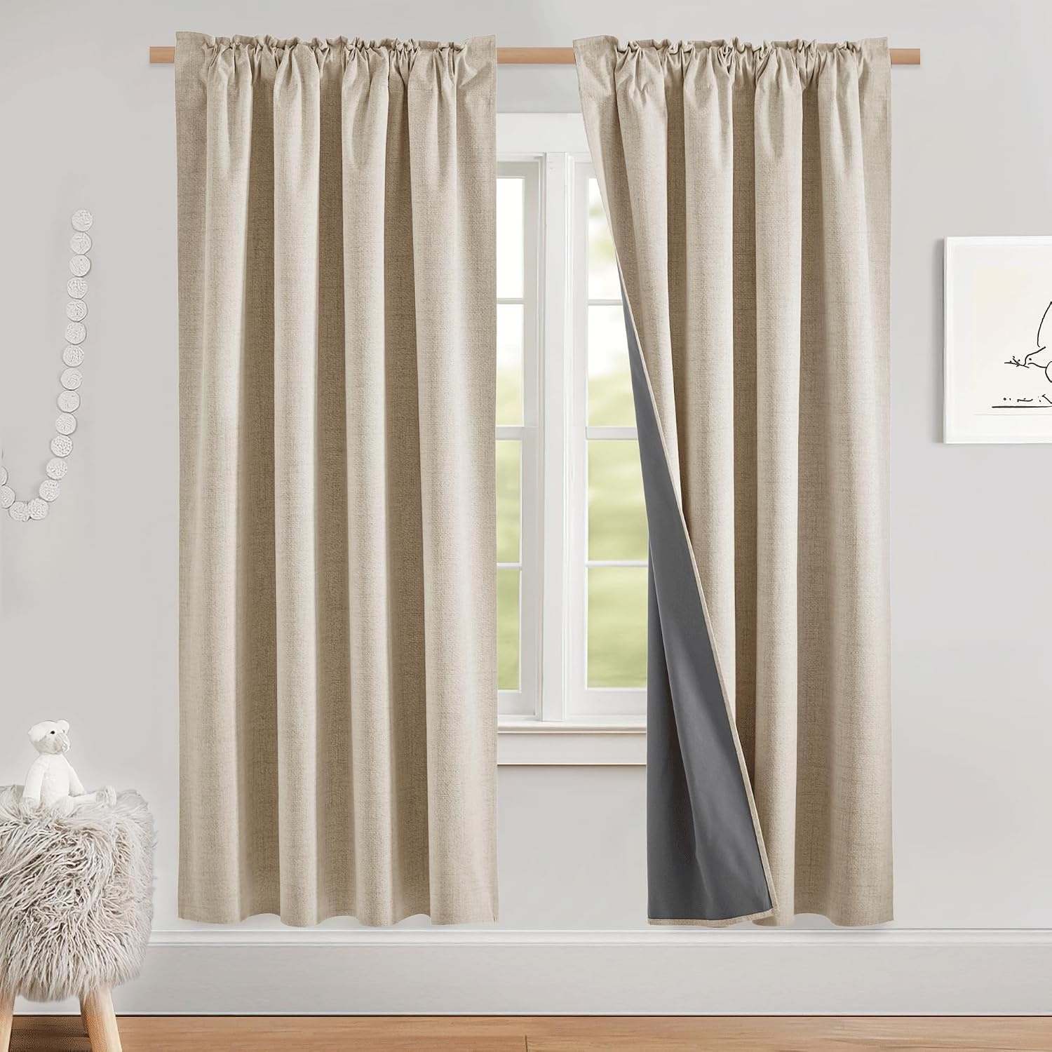 image:imageNICETOWN 100 Blackout Linen Curtains for BedroomLiving Room 90 L 2 PCsBeige
