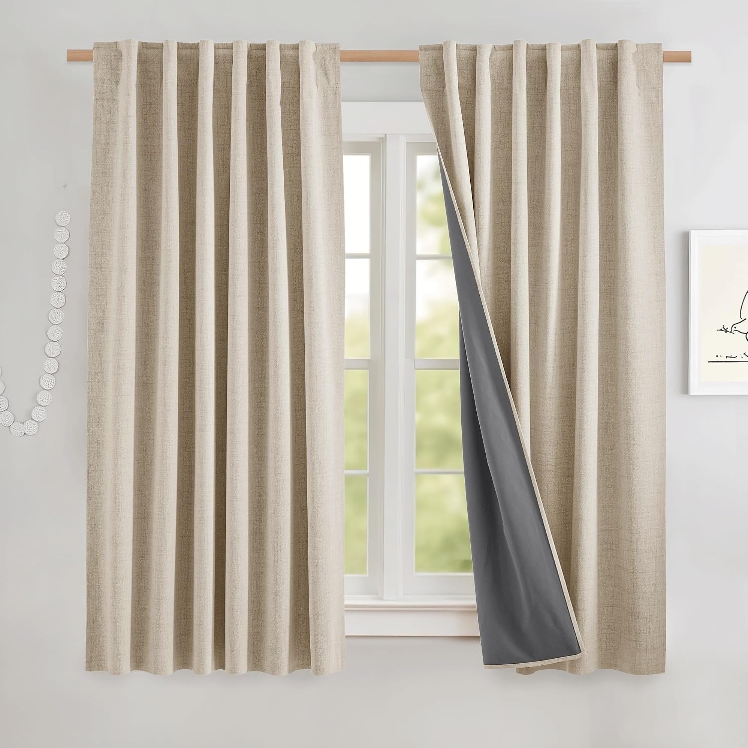 image:imageNICETOWN 100 Blackout Linen Curtains for BedroomLiving Room 90 L 2 PCsBeige