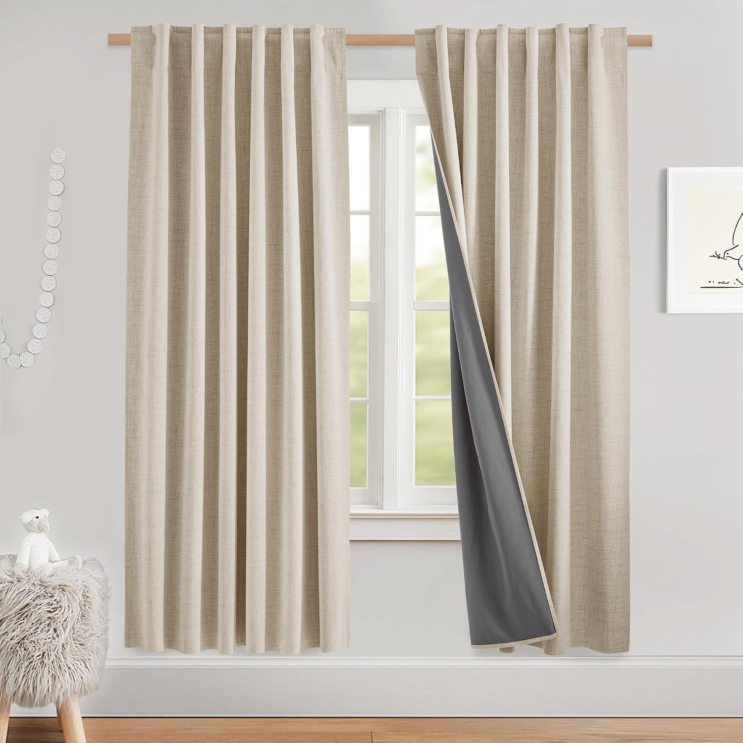 image:imageNICETOWN 100 Blackout Linen Curtains for BedroomLiving Room 90 L 2 PCsBeige