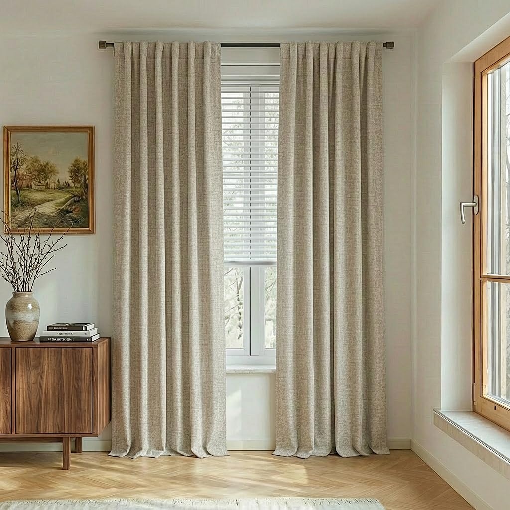 image:imageNICETOWN 100 Blackout Linen Curtains for BedroomLiving Room 90 L 2 PCsBeige