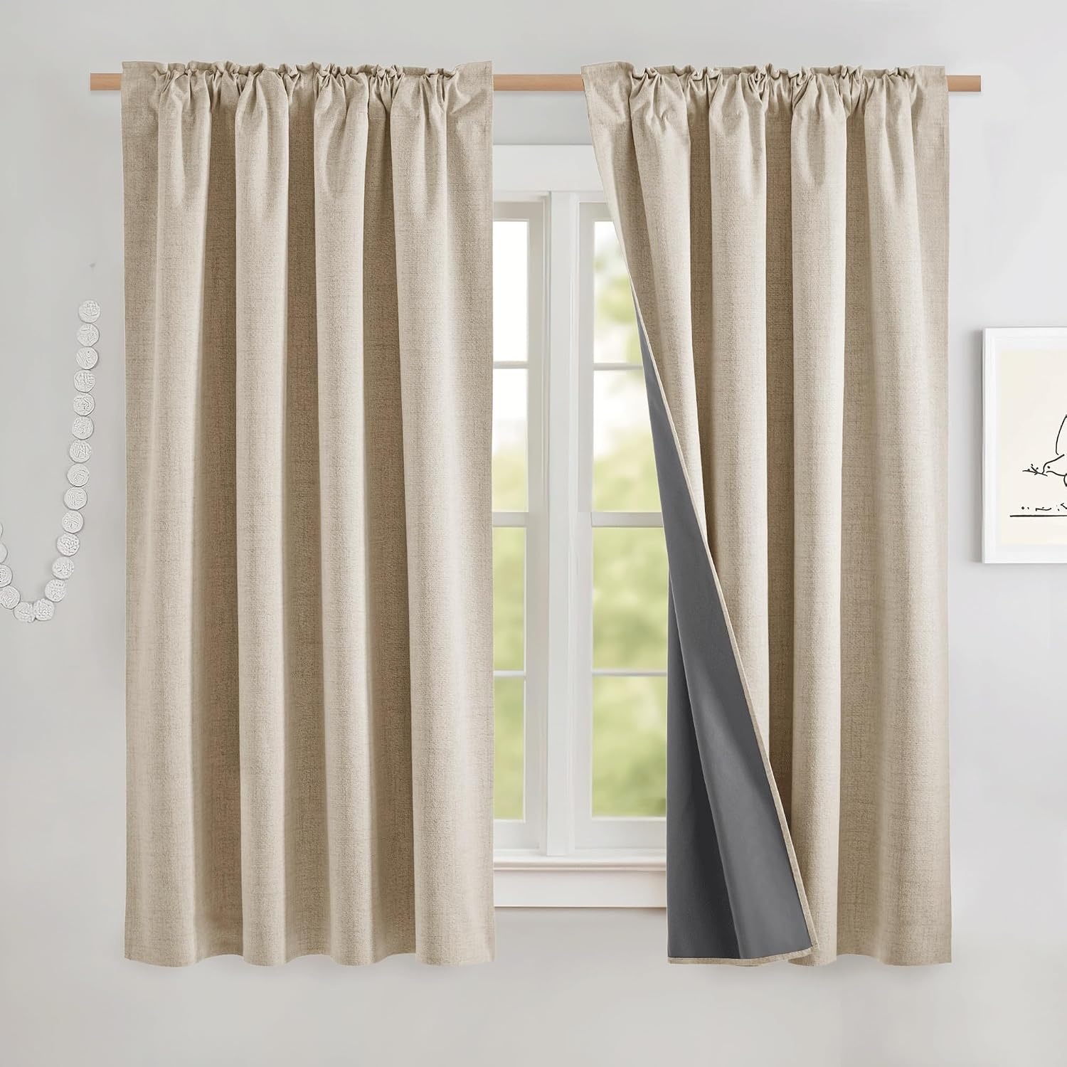 image:imageNICETOWN 100 Blackout Linen Curtains for BedroomLiving Room 90 L 2 PCsBeige
