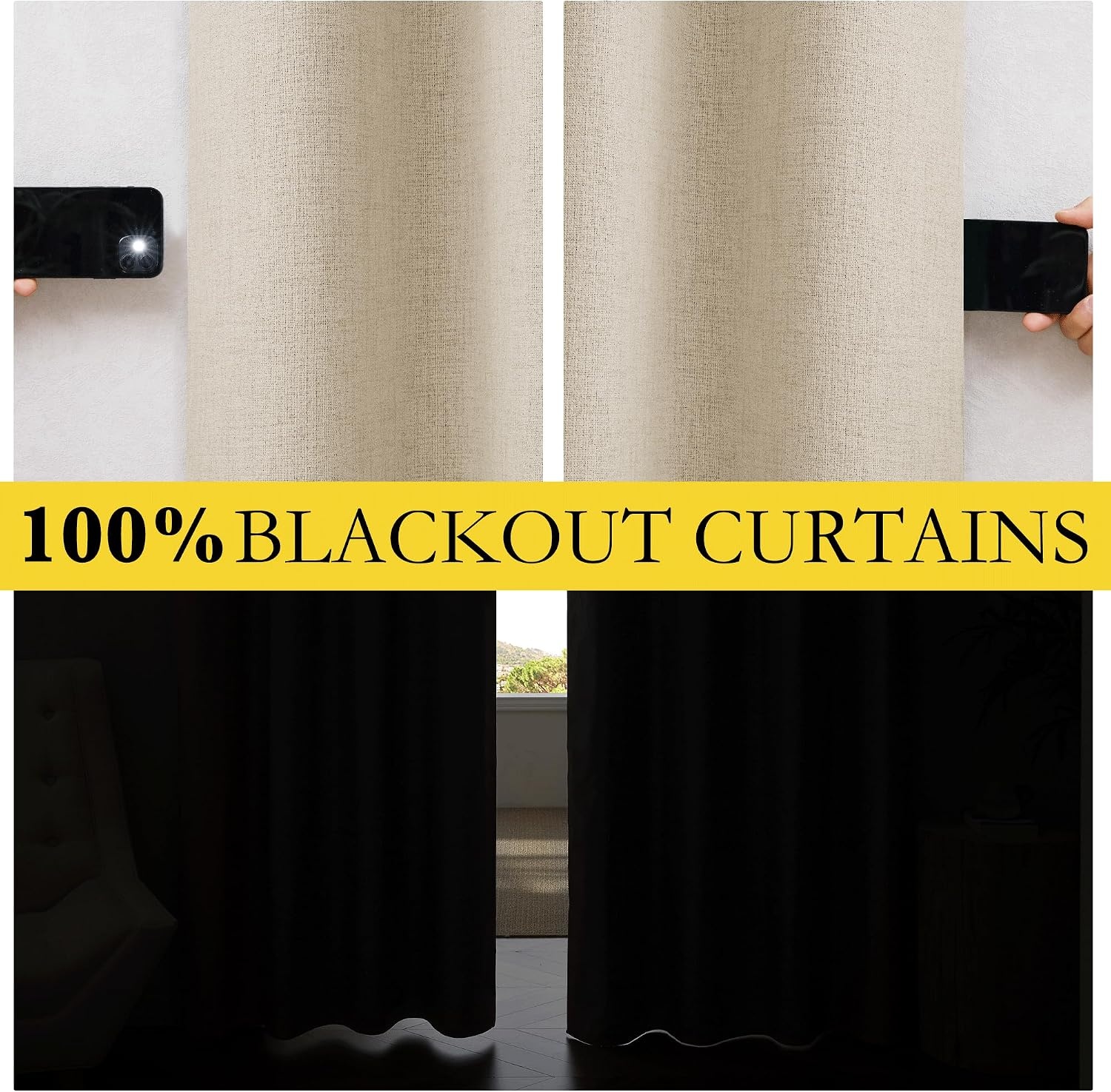 image:imageNICETOWN 100 Blackout Linen Curtains for BedroomLiving Room 90 L 2 PCsBeige