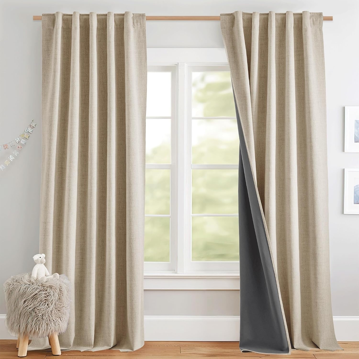image:imageNICETOWN 100 Blackout Linen Curtains for BedroomLiving Room 90 L 2 PCsBeige