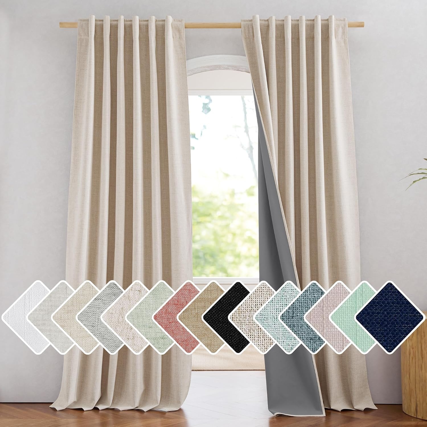 image:imageNICETOWN 100 Blackout Linen Curtains for BedroomLiving Room 90 L 2 PCsBeige