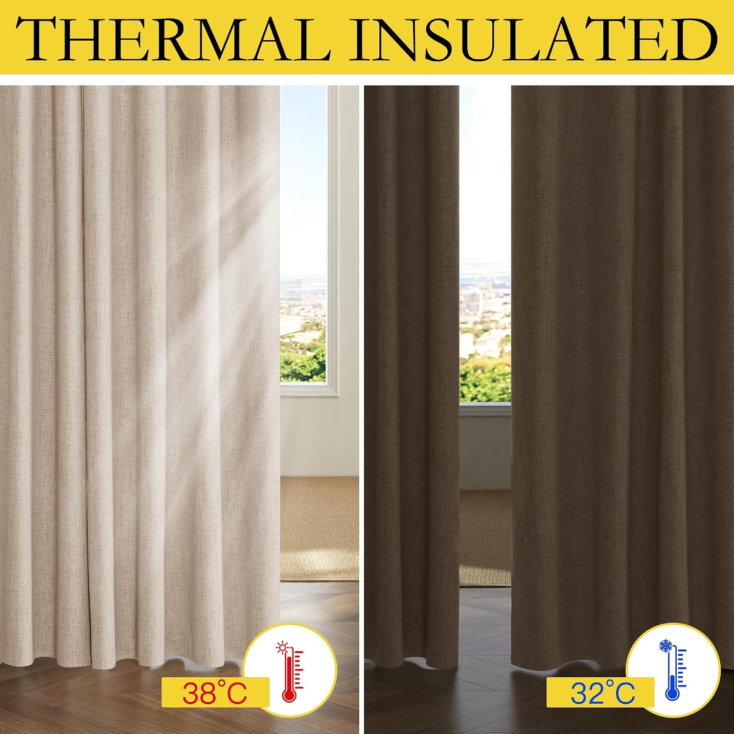 image:imageNICETOWN 100 Blackout Linen Curtains for BedroomLiving Room 90 L 2 PCsBeige