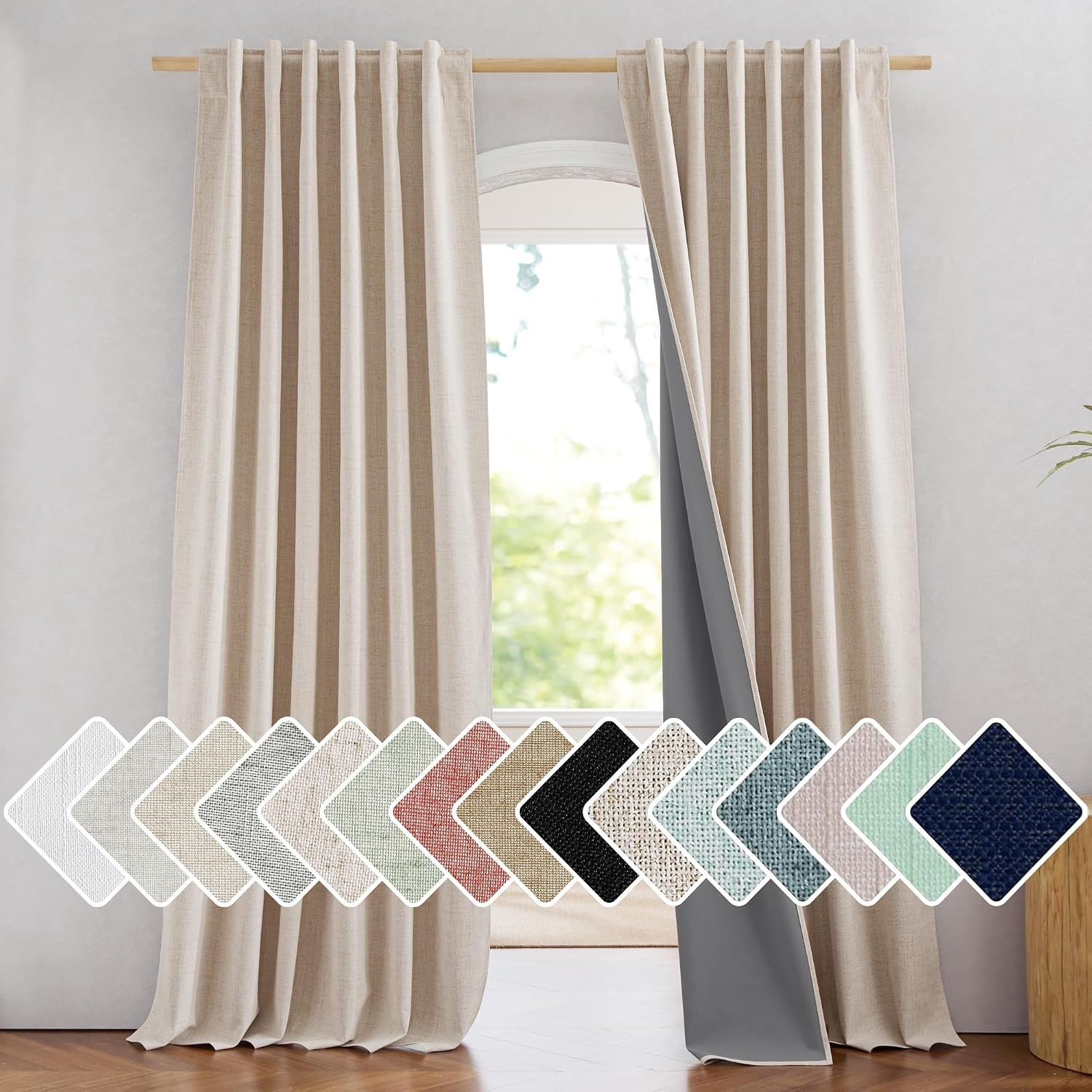 image:imageNICETOWN 100 Blackout Linen Curtains for BedroomLiving Room 90 L 2 PCsBeige