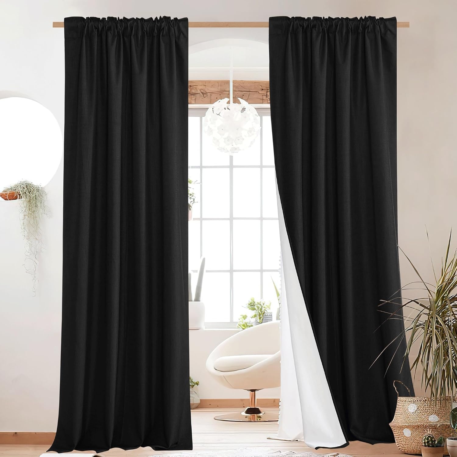 image:imageNICETOWN 100 Blackout Linen Curtains for BedroomLiving Room 90 L 2 PCsBlack