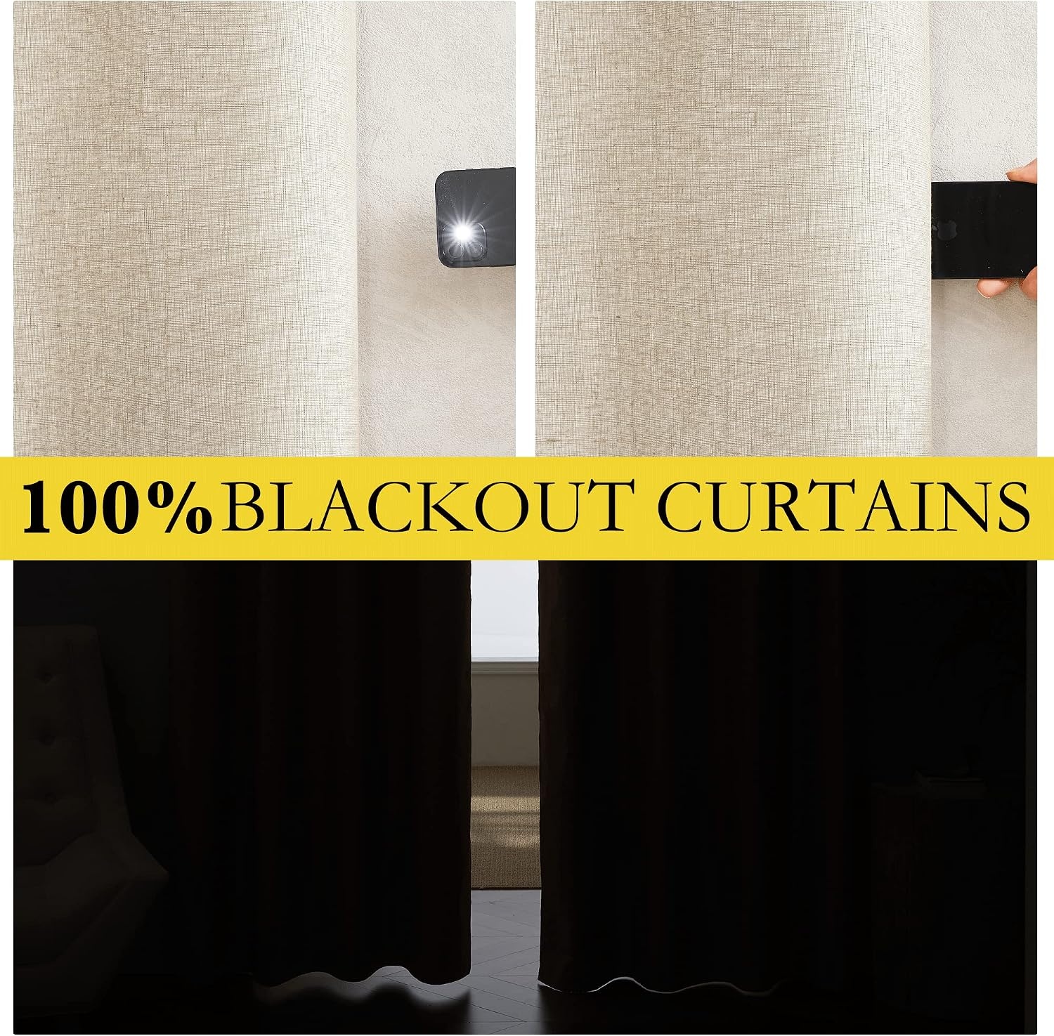 image:imageNICETOWN 100 Blackout Linen Curtains for BedroomLiving Room 90 L 2 PCsChampagne