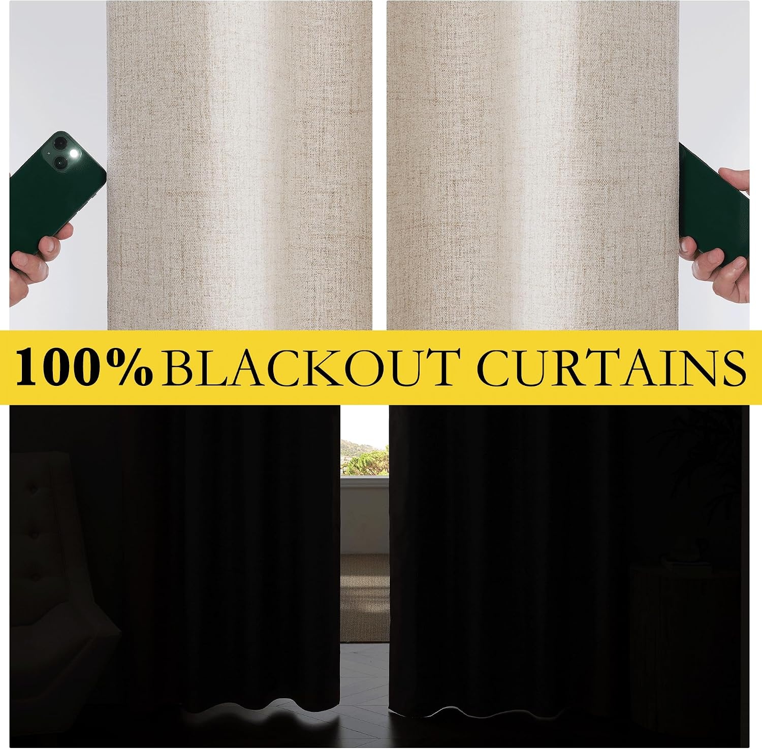image:imageNICETOWN 100 Blackout Linen Curtains for BedroomLiving Room 90 L 2 PCsNatural
