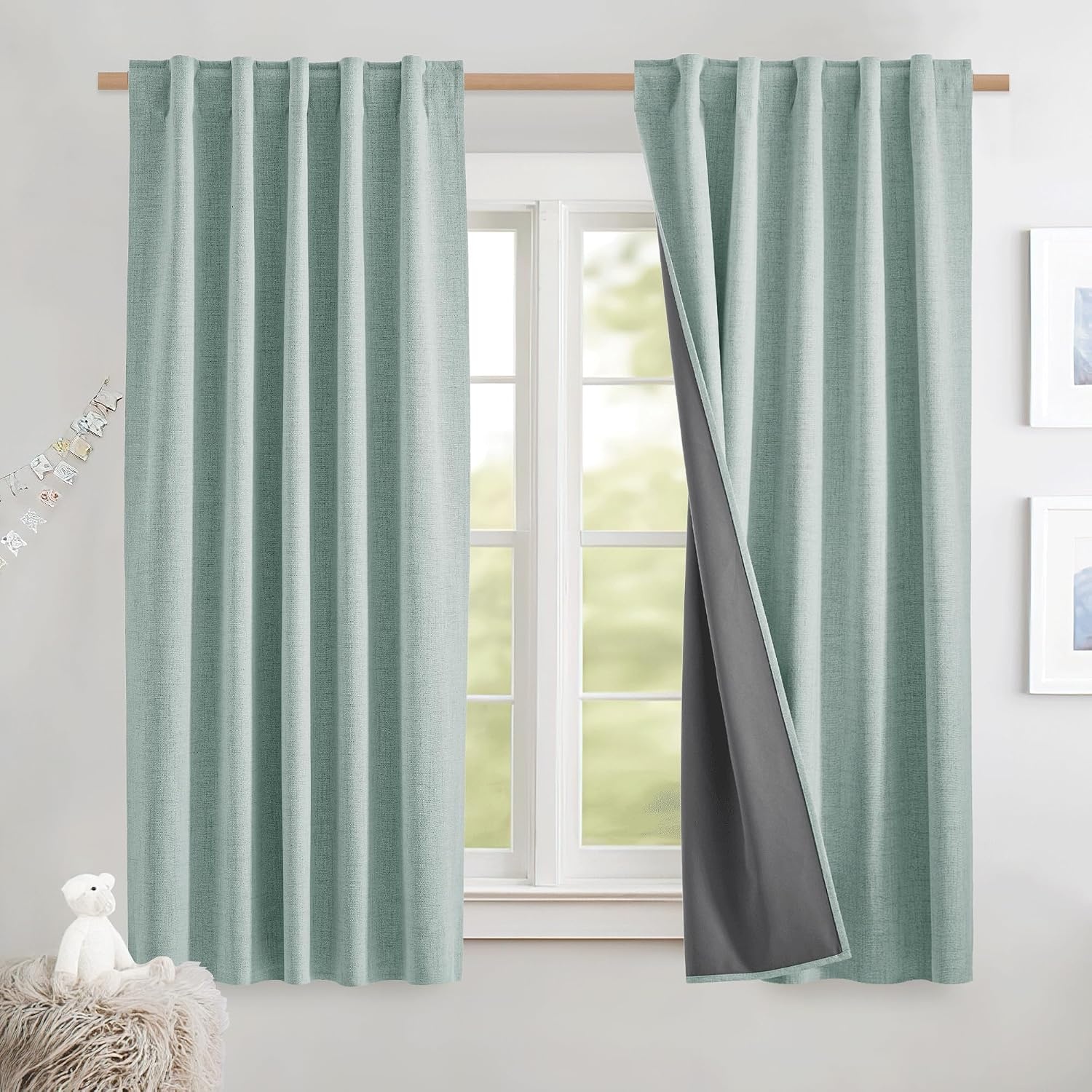 image:imageNICETOWN 100 Blackout Linen Curtains for BedroomLiving Room 90 L 2 PCsSeafoam Green