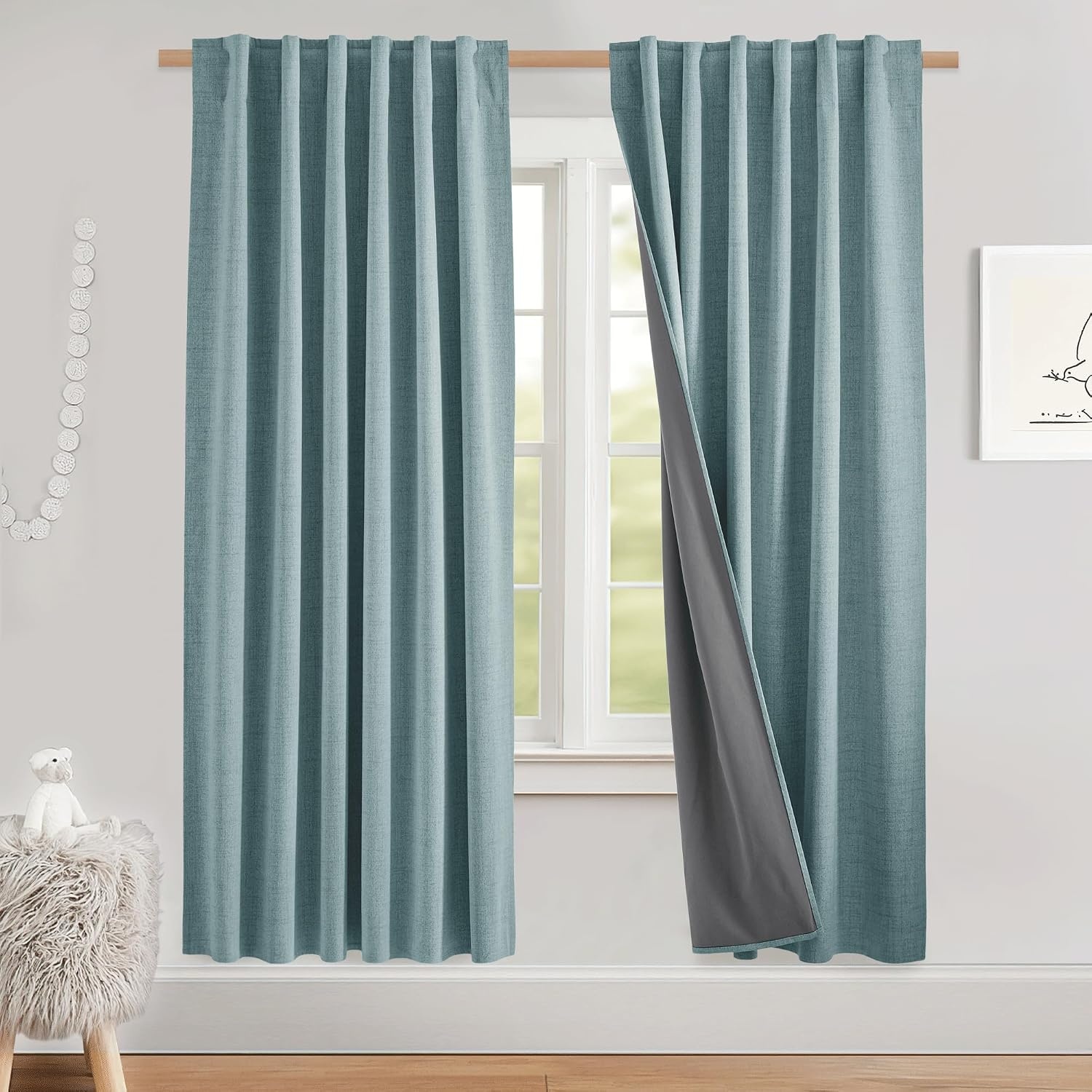 image:imageNICETOWN 100 Blackout Linen Curtains for BedroomLiving Room 90 L 2 PCsSkylark Blue