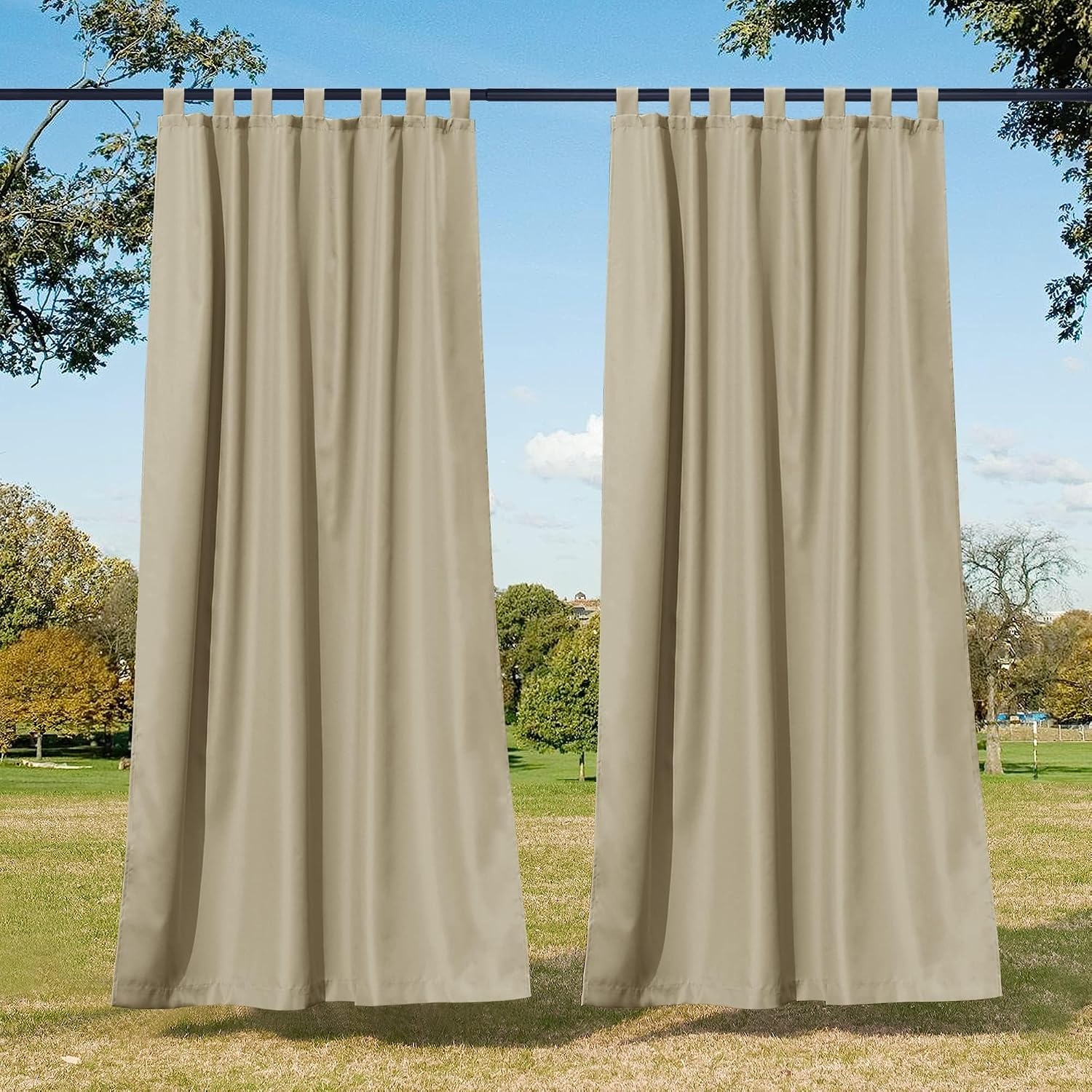 image:imageNICETOWN 2 Panels Outdoor Curtains for Patio Waterproof Vertical Blind Detachable Sticky Tab Top Thermal Insulated Privacy Protected Outdoor Divider Window Treatment for Pergola W52 x L108Inch TanTaupe