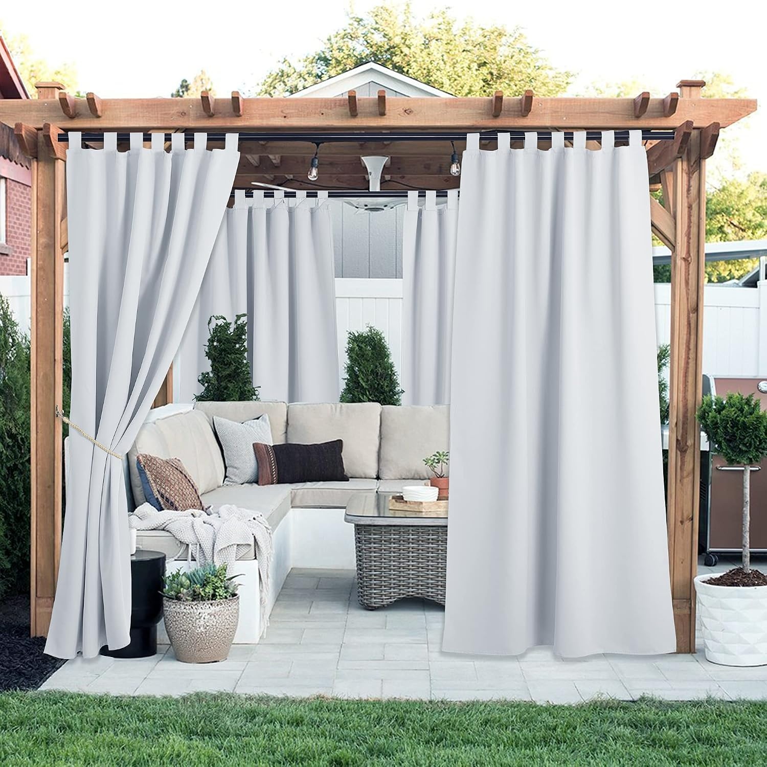 image:imageNICETOWN 2 Panels Outdoor Curtains for Patio Waterproof Vertical Blind Detachable Sticky Tab Top Thermal Insulated Privacy Protected Outdoor Divider Window Treatment for Pergola W52 x L108Inch TanGreyish White