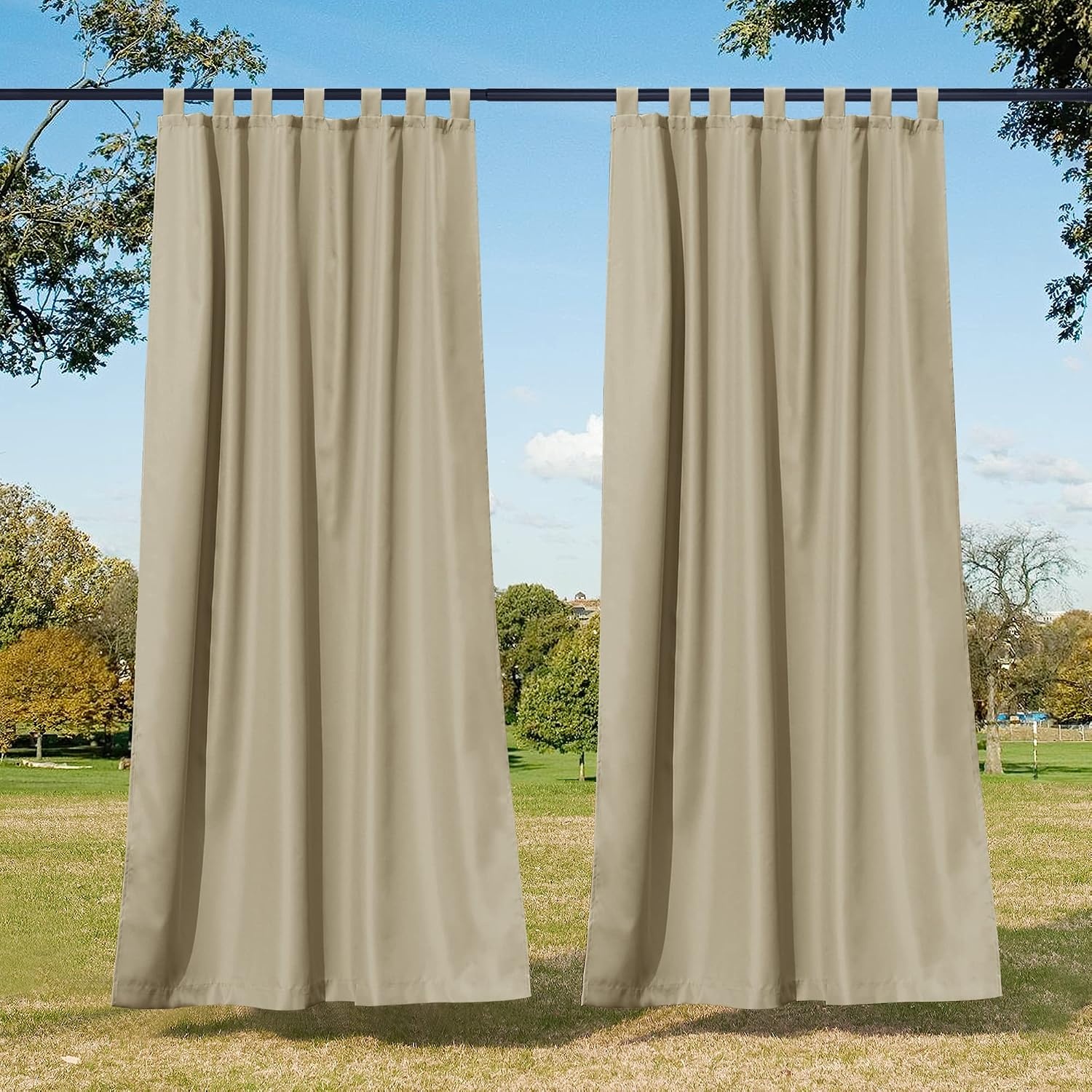 image:imageNICETOWN 2 Panels Outdoor Curtains for Patio Waterproof Vertical Blind Detachable Sticky Tab Top Thermal Insulated Privacy Protected Outdoor Divider Window Treatment for Pergola W52 x L108Inch TanTaupe