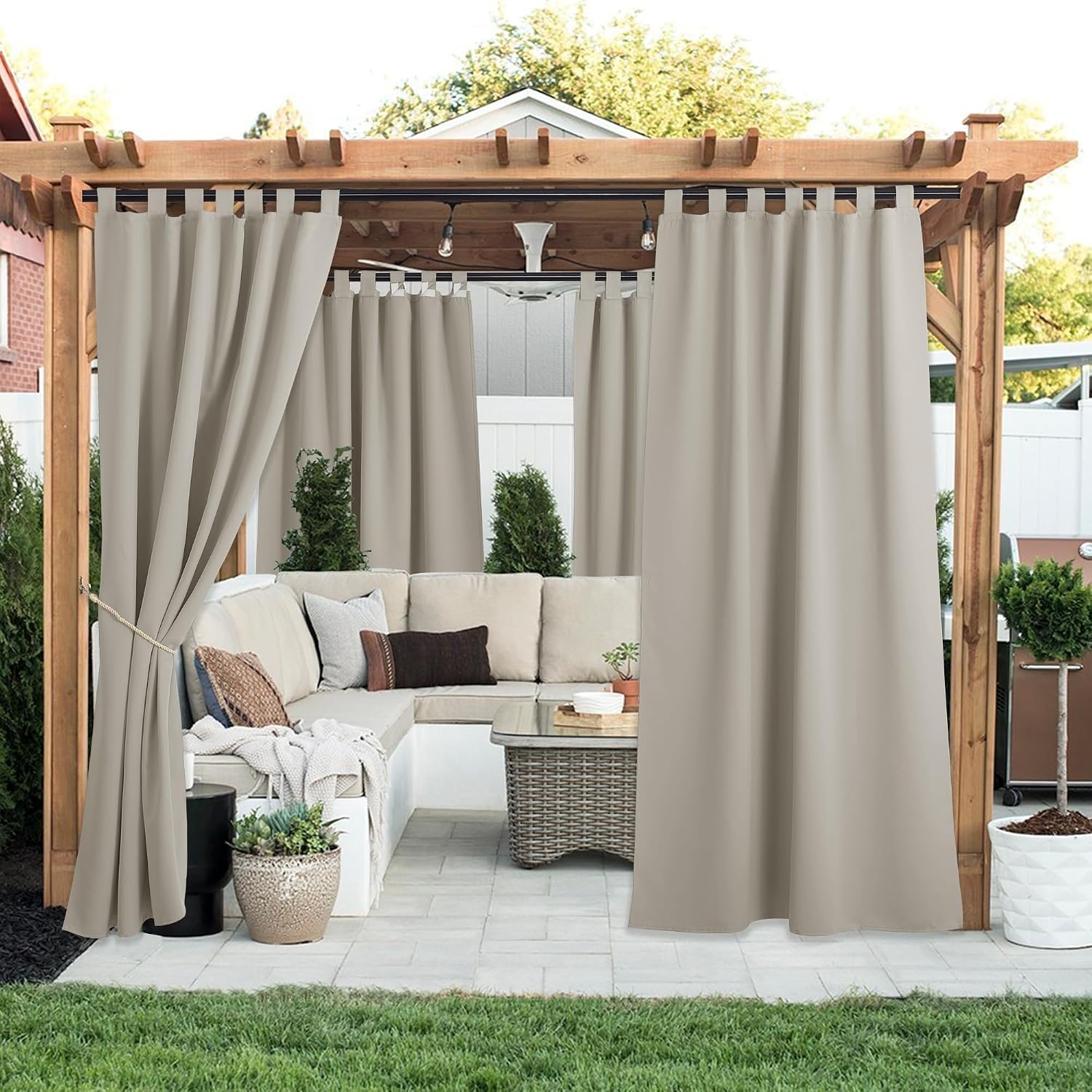 image:imageNICETOWN 2 Panels Outdoor Curtains for Patio Waterproof Vertical Blind Detachable Sticky Tab Top Thermal Insulated Privacy Protected Outdoor Divider Window Treatment for Pergola W52 x L108Inch TanNatural