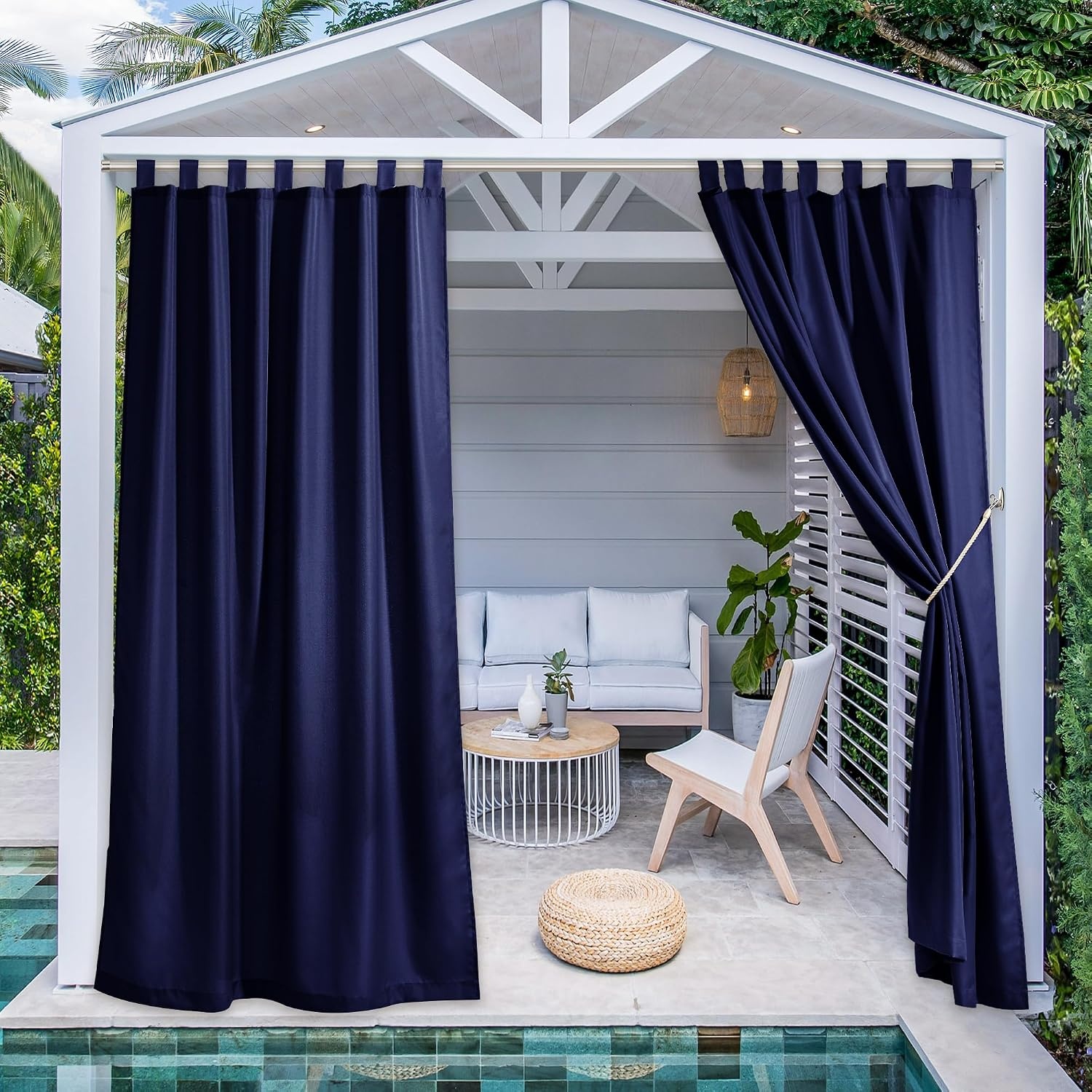 image:imageNICETOWN 2 Panels Outdoor Curtains for Patio Waterproof Vertical Blind Detachable Sticky Tab Top Thermal Insulated Privacy Protected Outdoor Divider Window Treatment for Pergola W52 x L108Inch TanDark Blue
