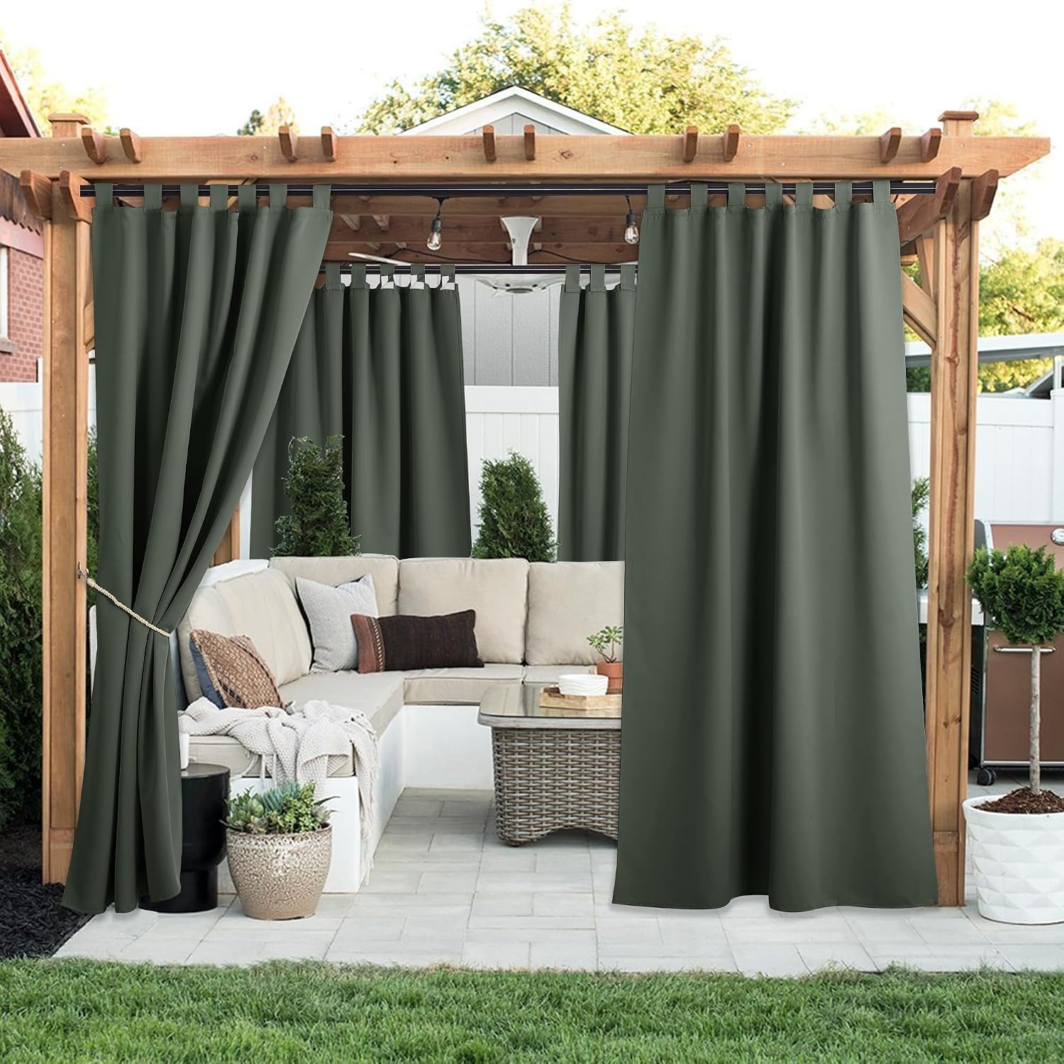 image:imageNICETOWN 2 Panels Outdoor Curtains for Patio Waterproof Vertical Blind Detachable Sticky Tab Top Thermal Insulated Privacy Protected Outdoor Divider Window Treatment for Pergola W52 x L108Inch TanGreyish Green