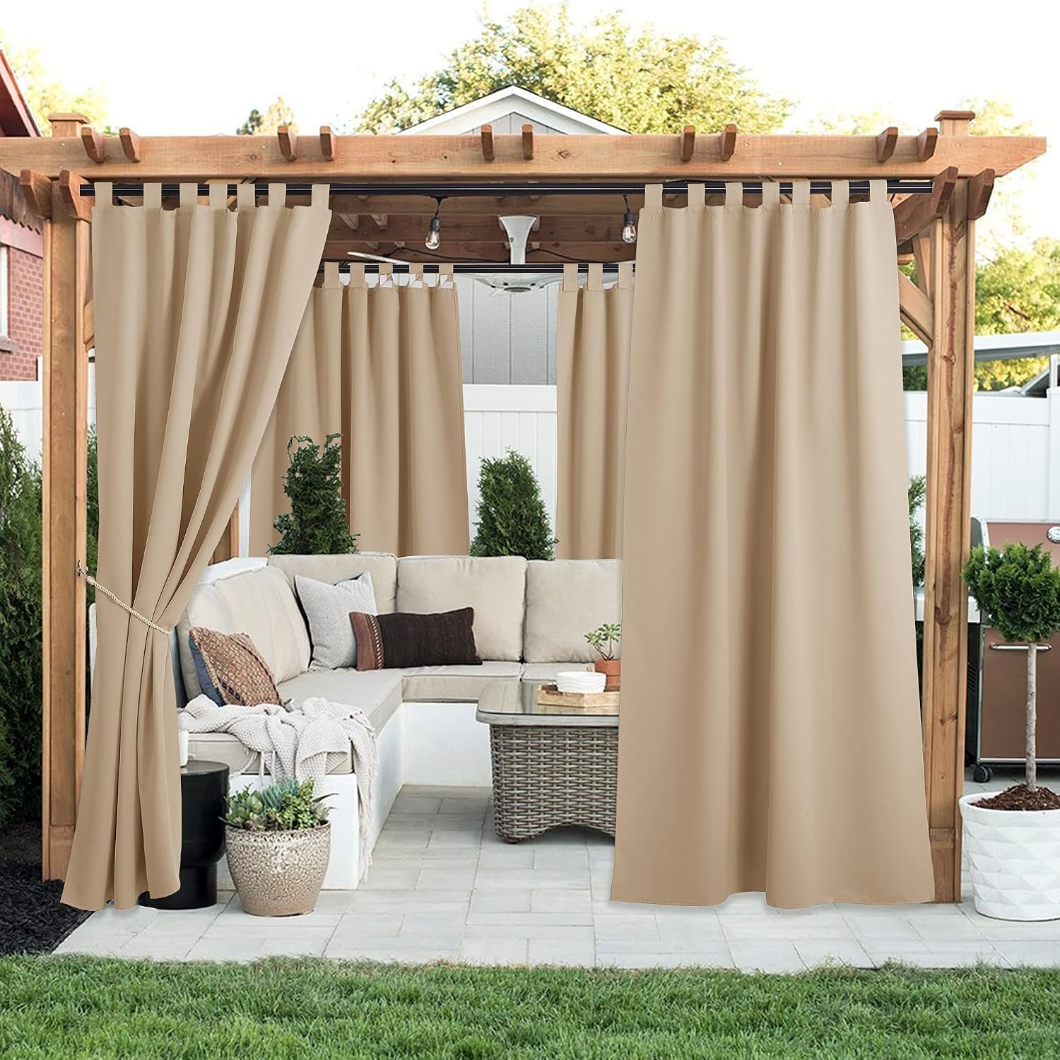 image:imageNICETOWN 2 Panels Outdoor Curtains for Patio Waterproof Vertical Blind Detachable Sticky Tab Top Thermal Insulated Privacy Protected Outdoor Divider Window Treatment for Pergola W52 x L108Inch TanBiscotti Beige