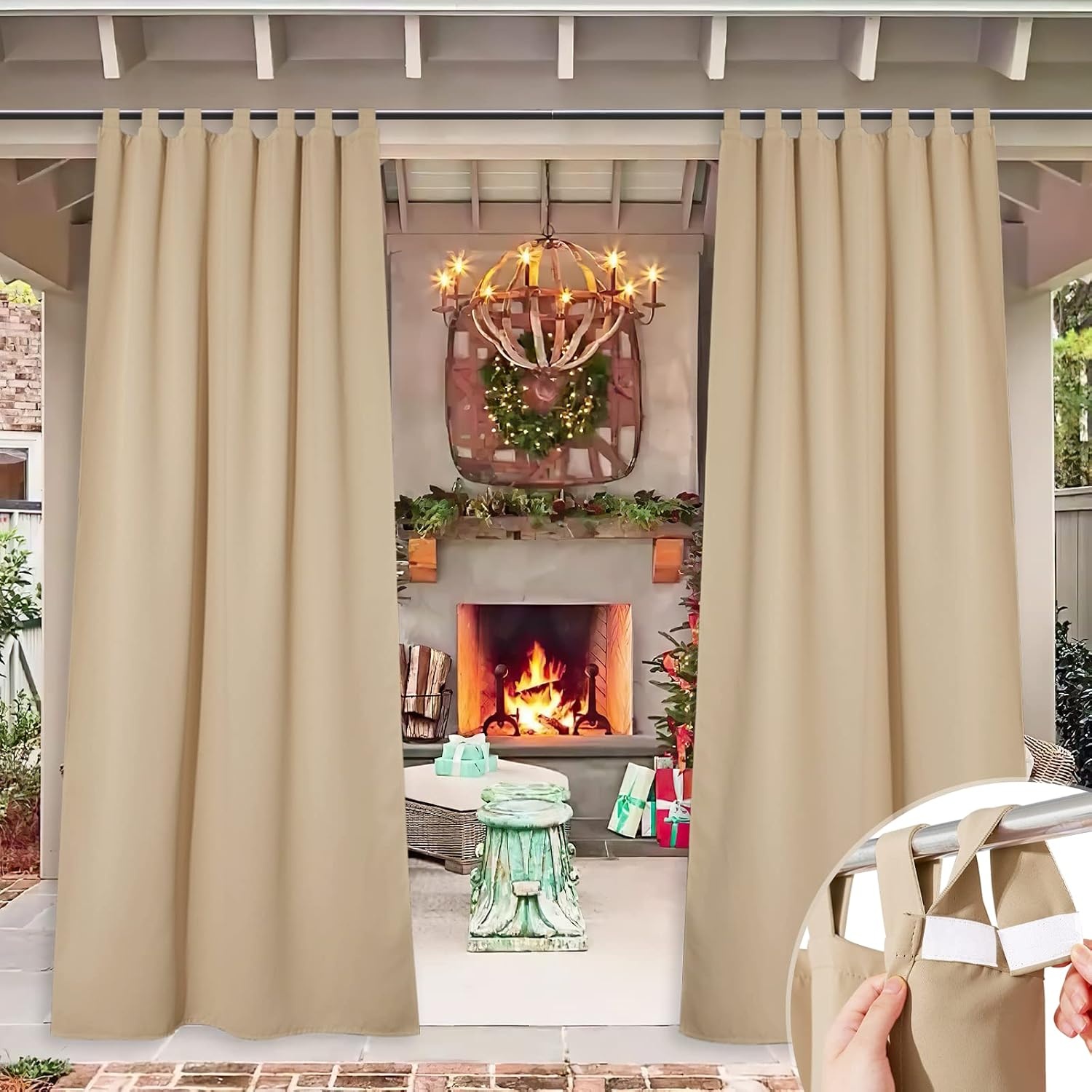 image:imageNICETOWN 2 Panels Outdoor Curtains for Patio Waterproof Vertical Blind Detachable Sticky Tab Top Thermal Insulated Privacy Protected Outdoor Divider Window Treatment for Pergola W52 x L108Inch TanBiscotti Beige