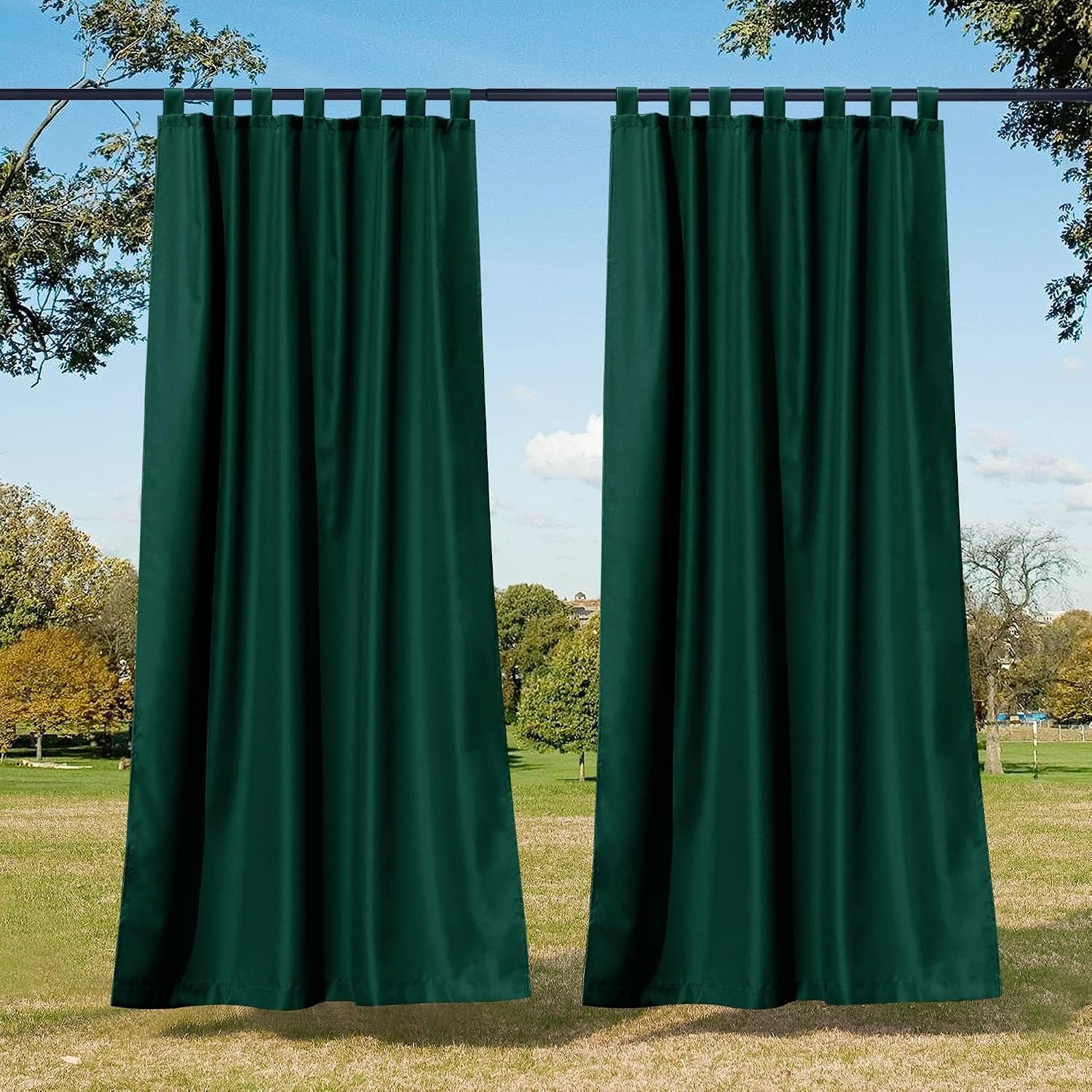 image:imageNICETOWN 2 Panels Outdoor Curtains for Patio Waterproof Vertical Blind Detachable Sticky Tab Top Thermal Insulated Privacy Protected Outdoor Divider Window Treatment for Pergola W52 x L108Inch TanDark Green