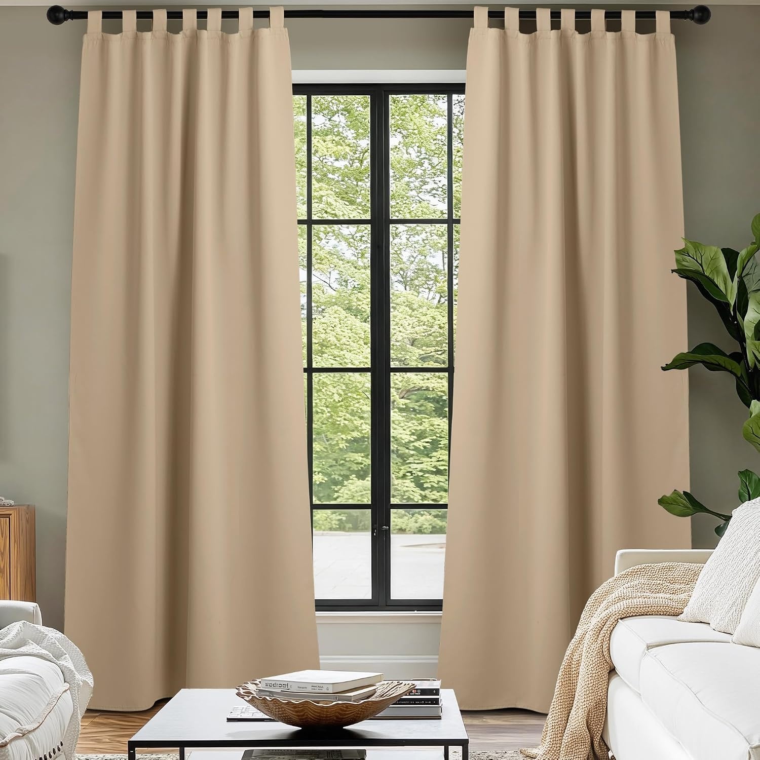 image:imageNICETOWN 2 Panels Outdoor Curtains for Patio Waterproof Vertical Blind Detachable Sticky Tab Top Thermal Insulated Privacy Protected Outdoor Divider Window Treatment for Pergola W52 x L108Inch TanBiscotti Beige